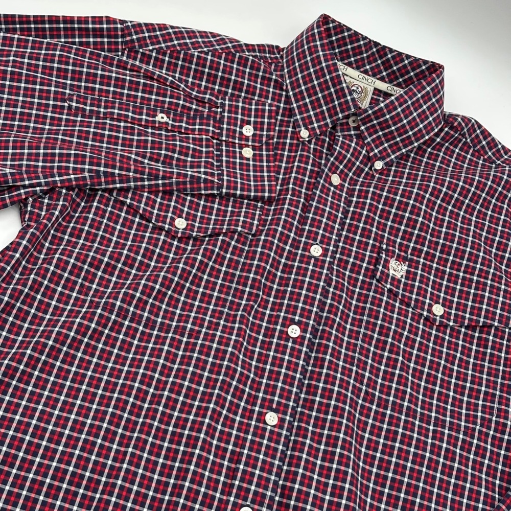 Cinch Mens Small Button Down Shirt Red Navy Plaid Western Long Sleeve Cotton